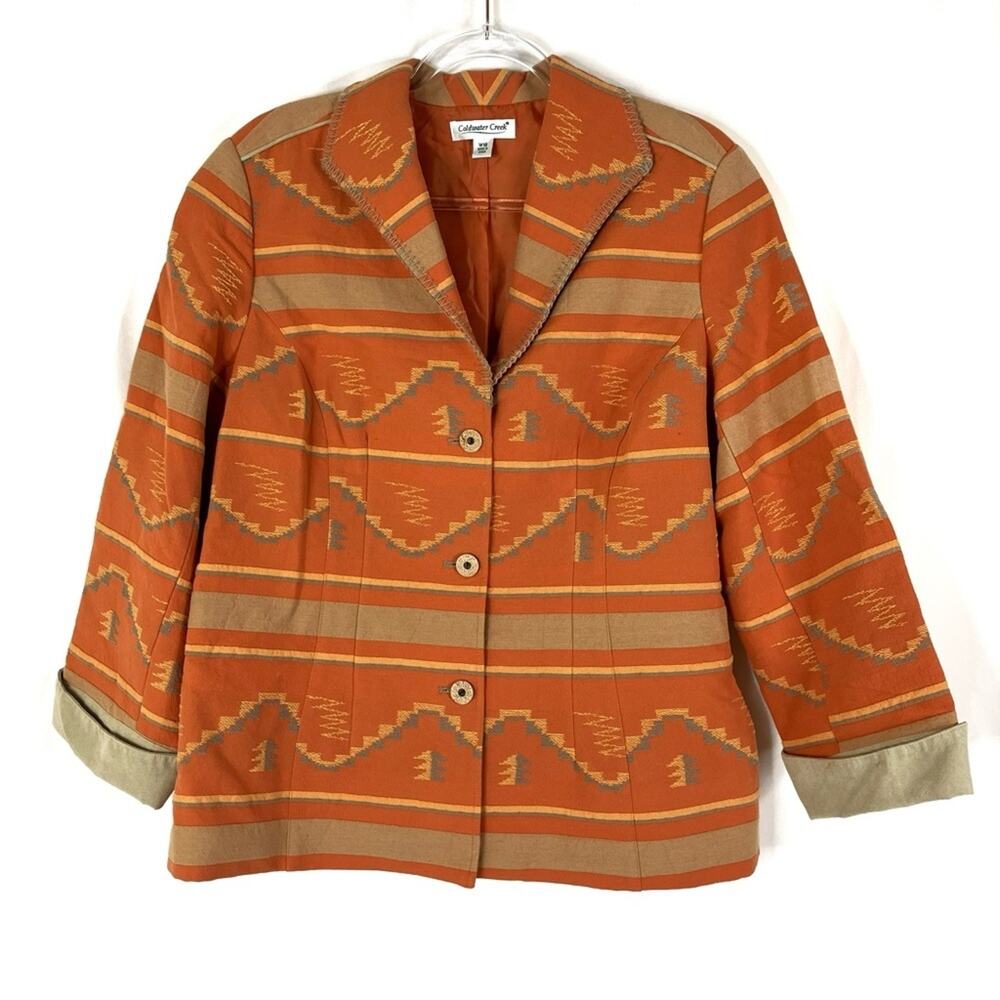 Coldwater Creek Southwestern Aztec Embroidered Orange Button Jacket Womens 18